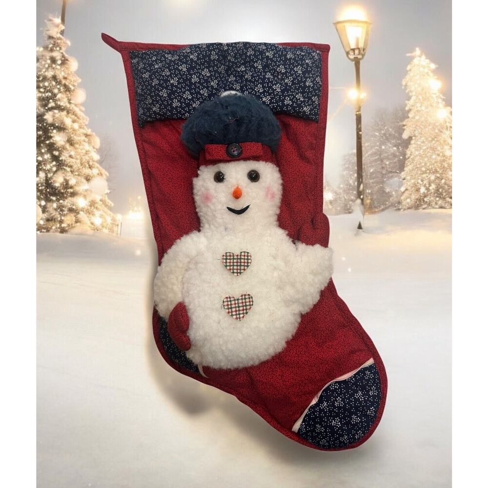 Vintage North Pole Santa Raised Snowman Hearts Christmas Holiday Stocking